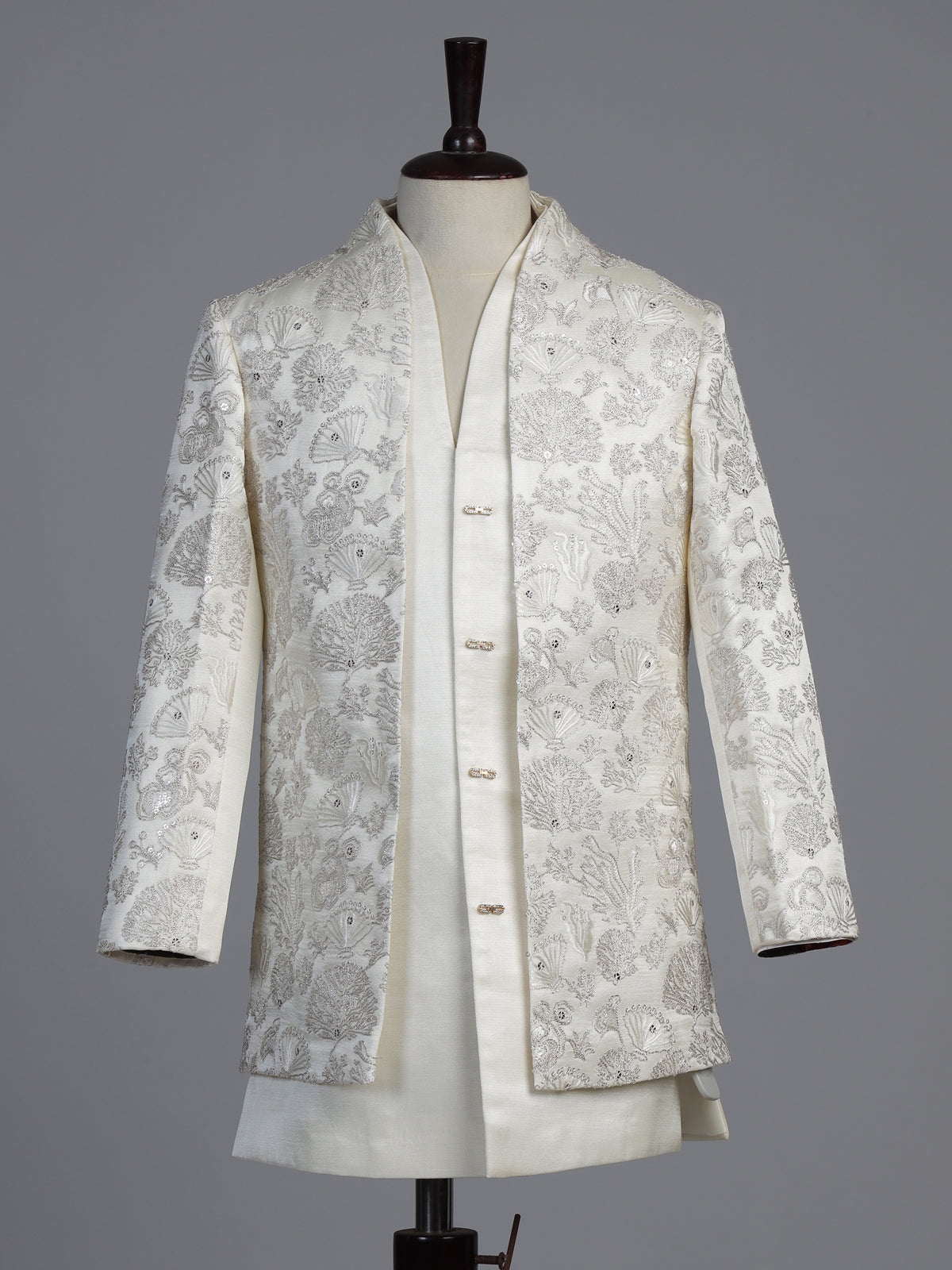 White silk blend indowestern set with refined sequins