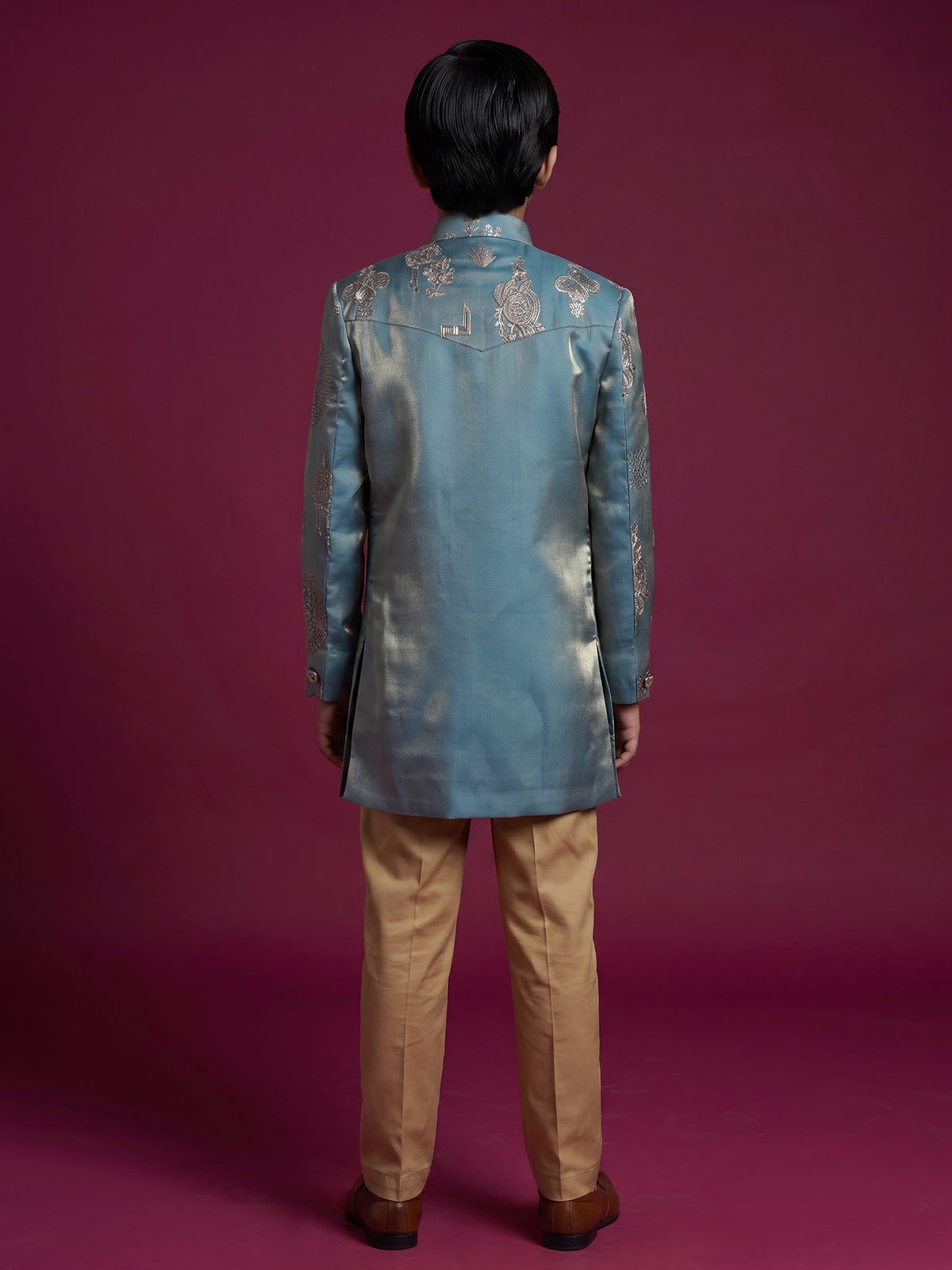 Pastel blue silk blend indowestern set with elegant embroidery