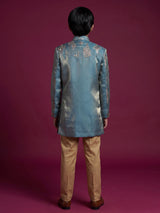 Pastel blue silk blend indowestern set with elegant embroidery