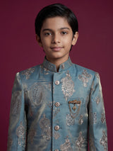 Pastel blue silk blend indowestern set with elegant embroidery