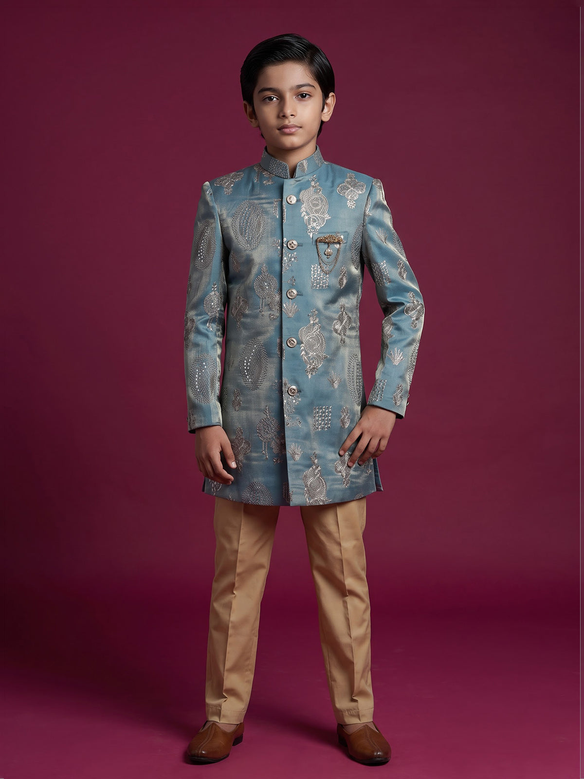 Pastel blue silk blend indowestern set with elegant embroidery