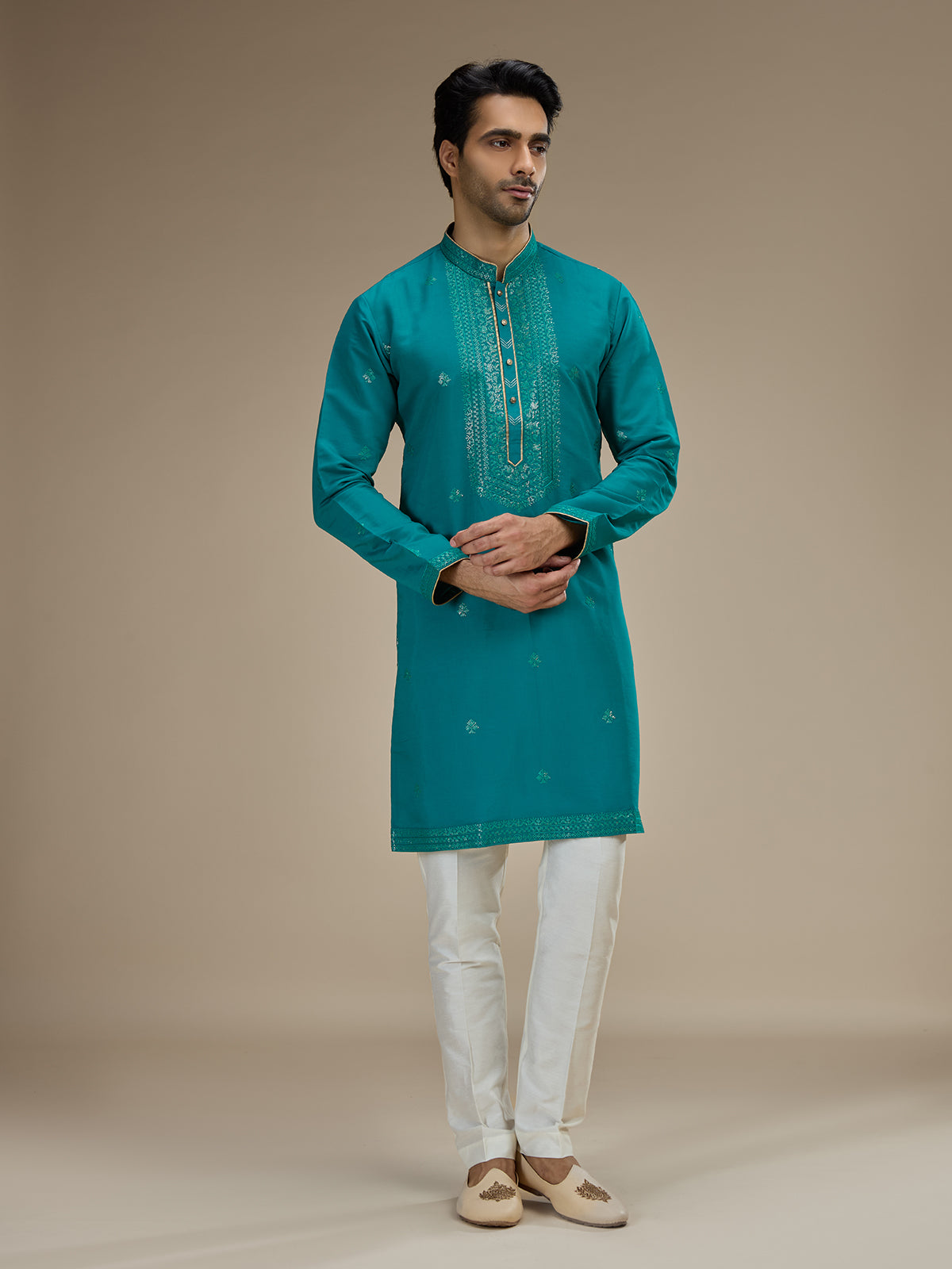 Teal blue men sequin yoke silk kurta pajama