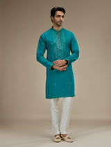 Teal blue men sequin yoke silk kurta pajama