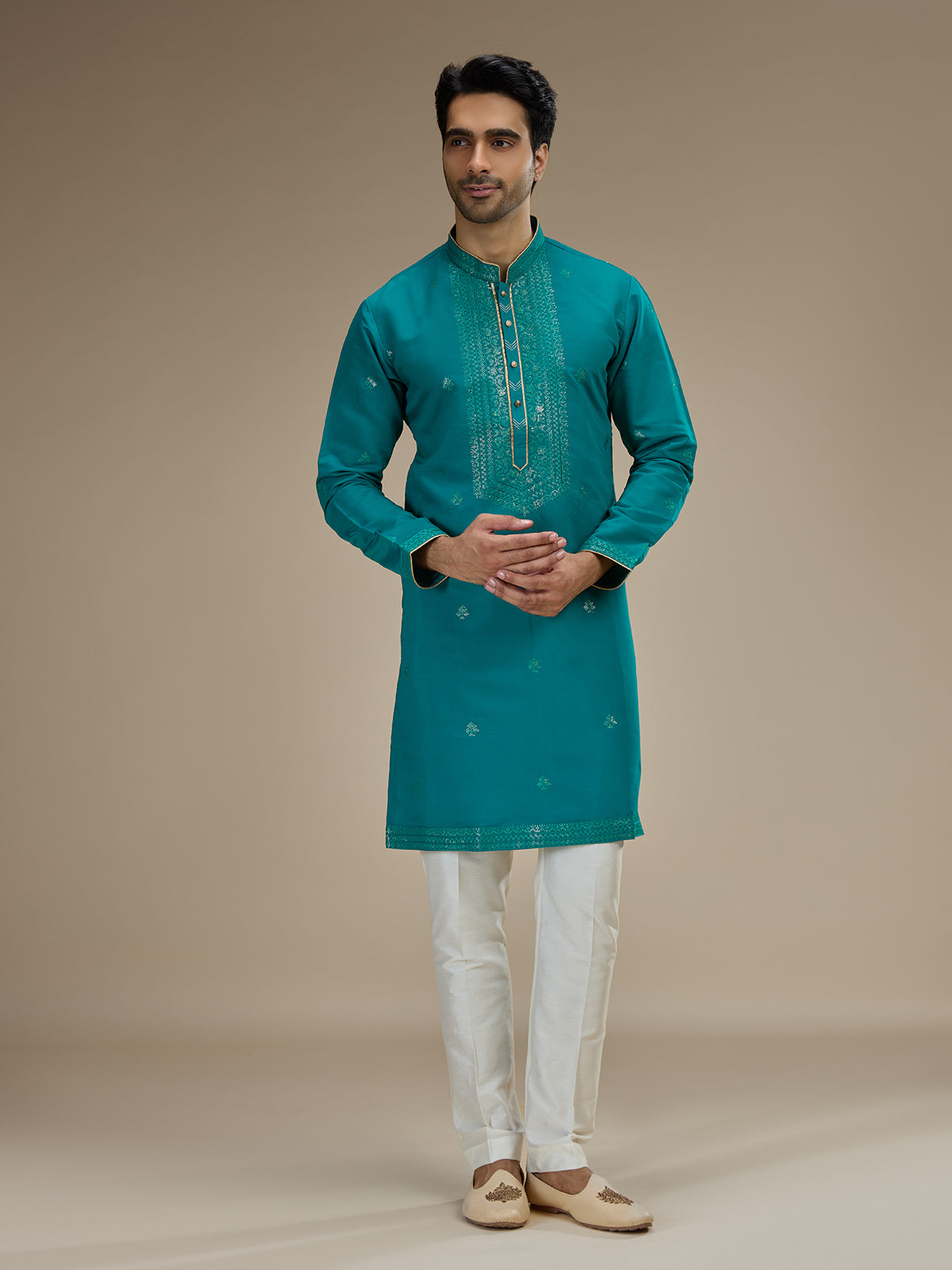 Teal blue men sequin yoke silk kurta pajama