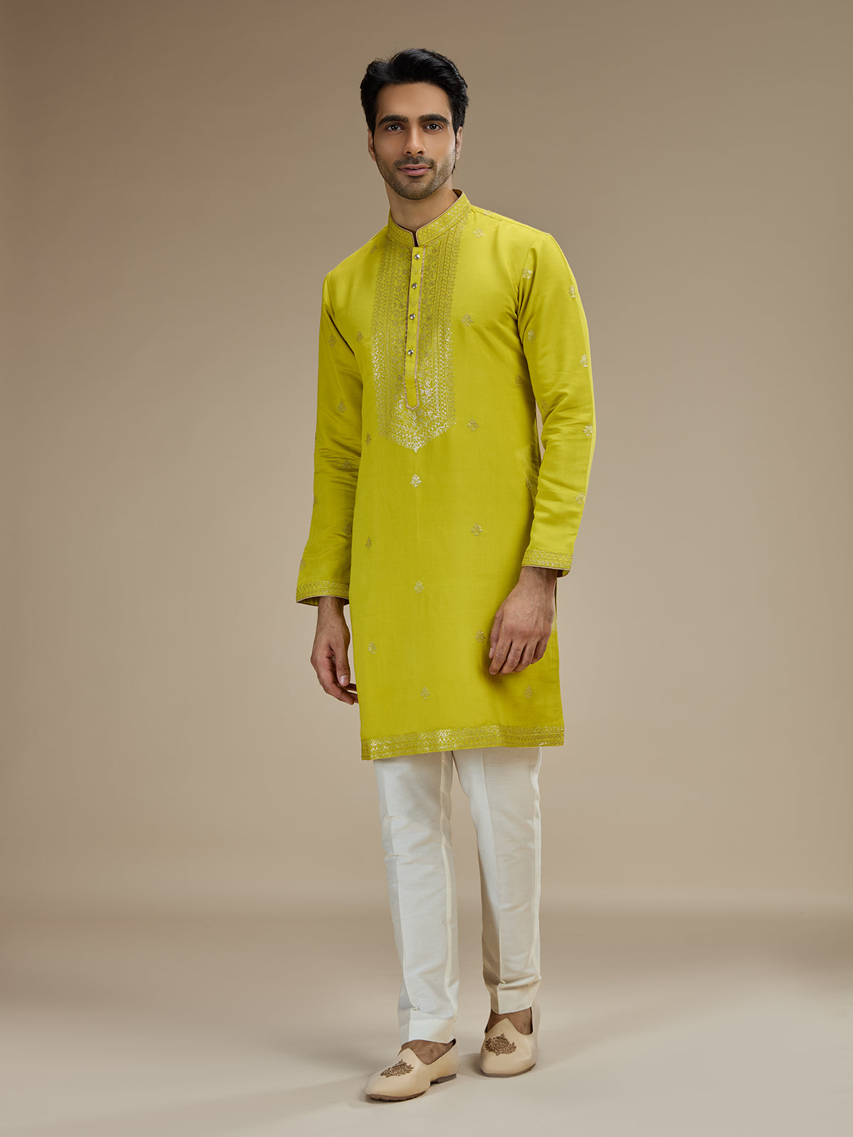 Mehendi yellow men floral sequin kurta suit