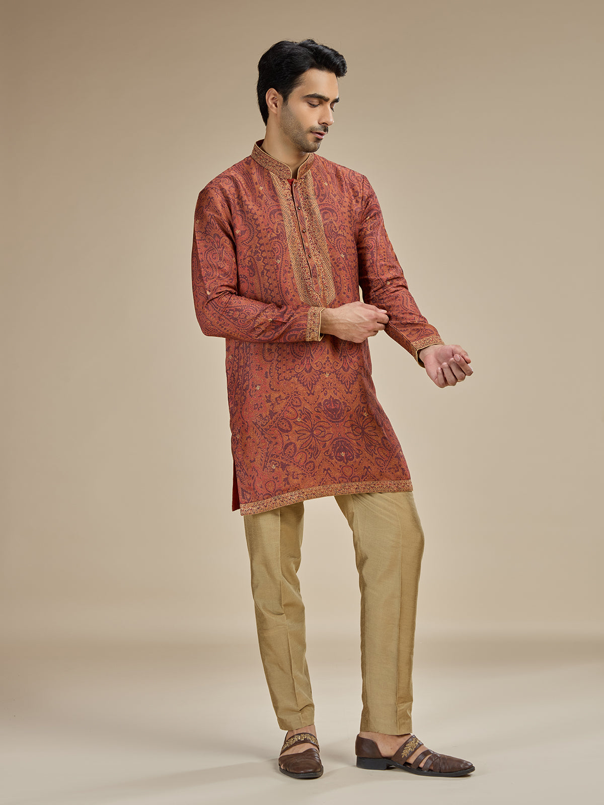 Burnt orange men jamawar printed kurta suit