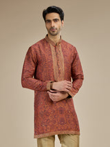 Burnt orange men jamawar printed kurta suit