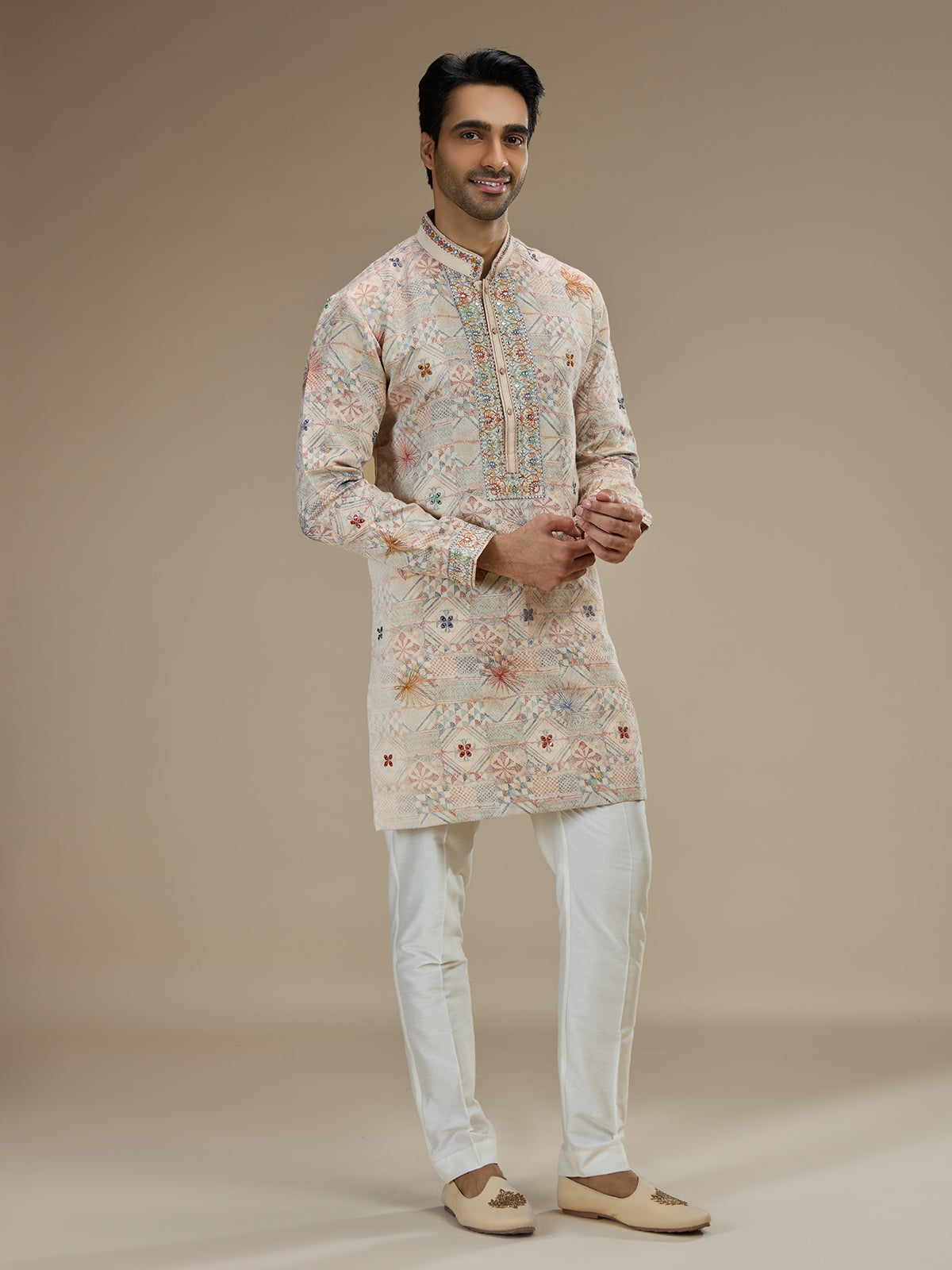 Cream men abhla floral embroidered kurta pajama
