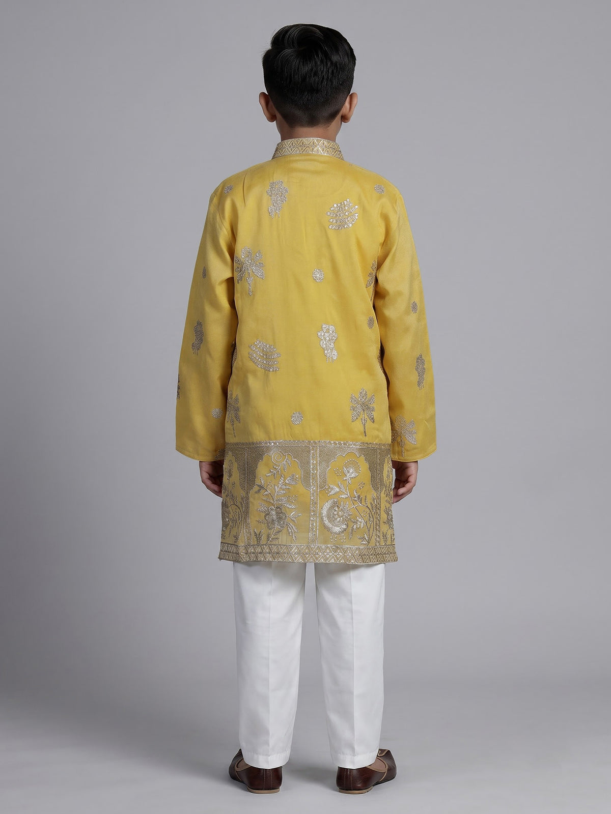 Mustard yellow silk blend kurta suit for boys with embroidery