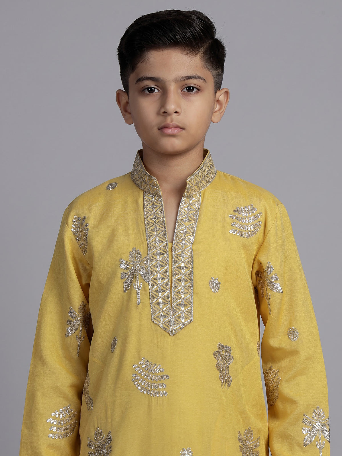 Mustard yellow silk blend kurta suit for boys with embroidery