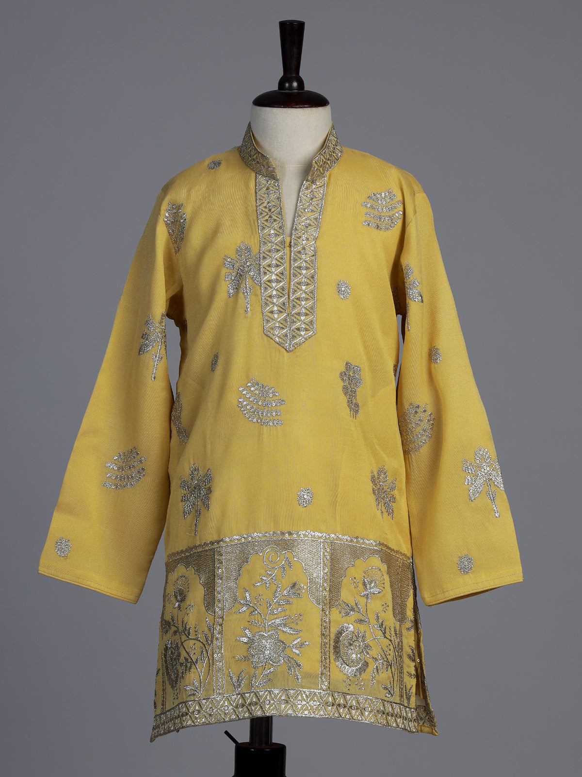 Mustard yellow silk blend kurta suit for boys with embroidery