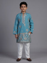 Blue silk blend kurta suit for boys with embroidery and sequins