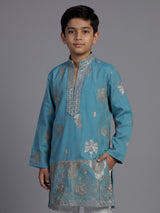Blue silk blend kurta suit for boys with embroidery and sequins