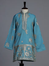 Blue silk blend kurta suit for boys with embroidery and sequins