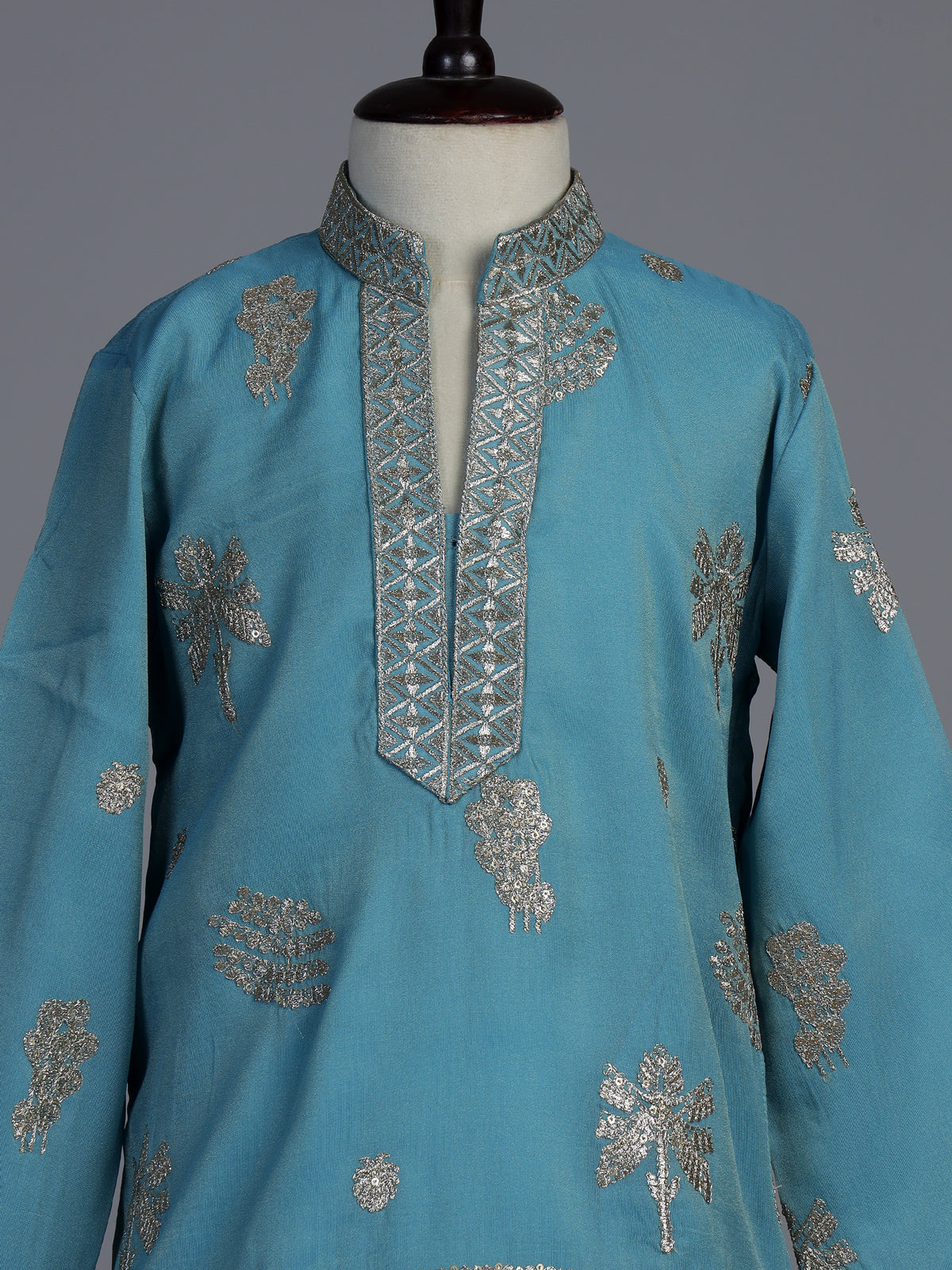 Blue silk blend kurta suit for boys with embroidery and sequins