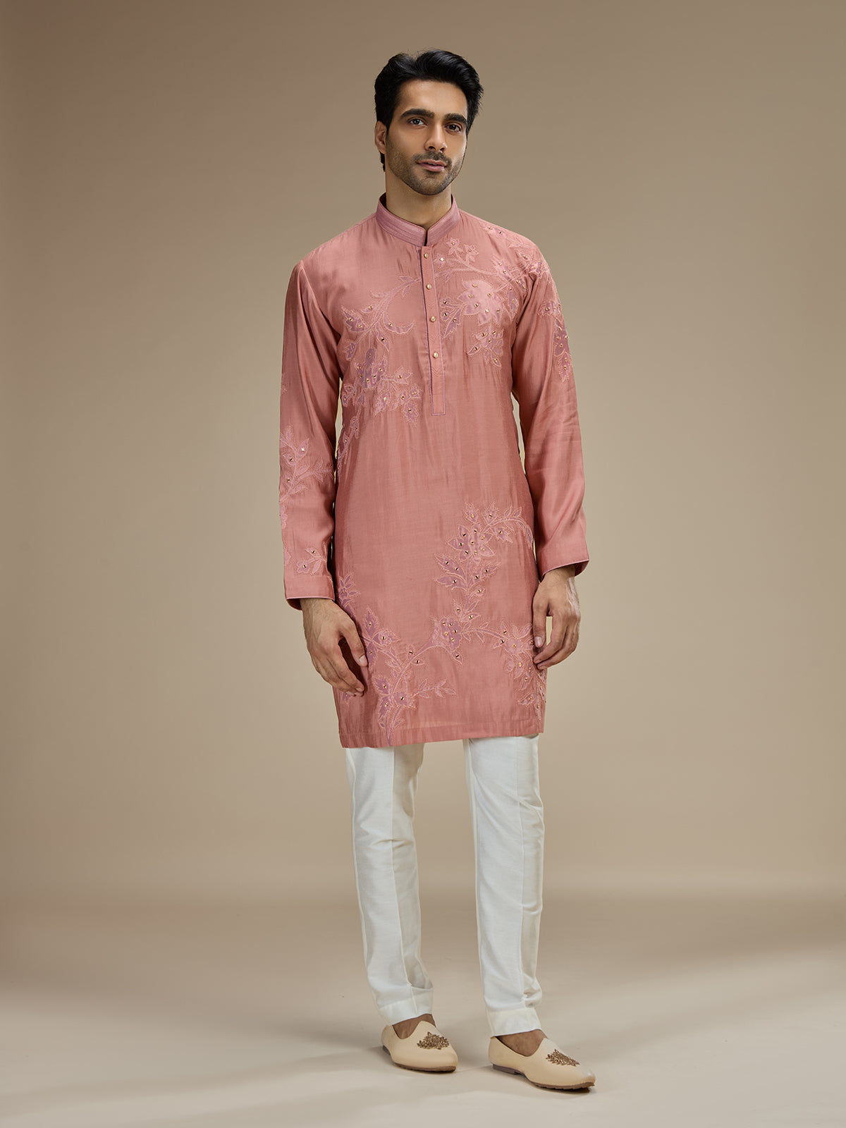 Pink men botanical zari modal silk kurta suit
