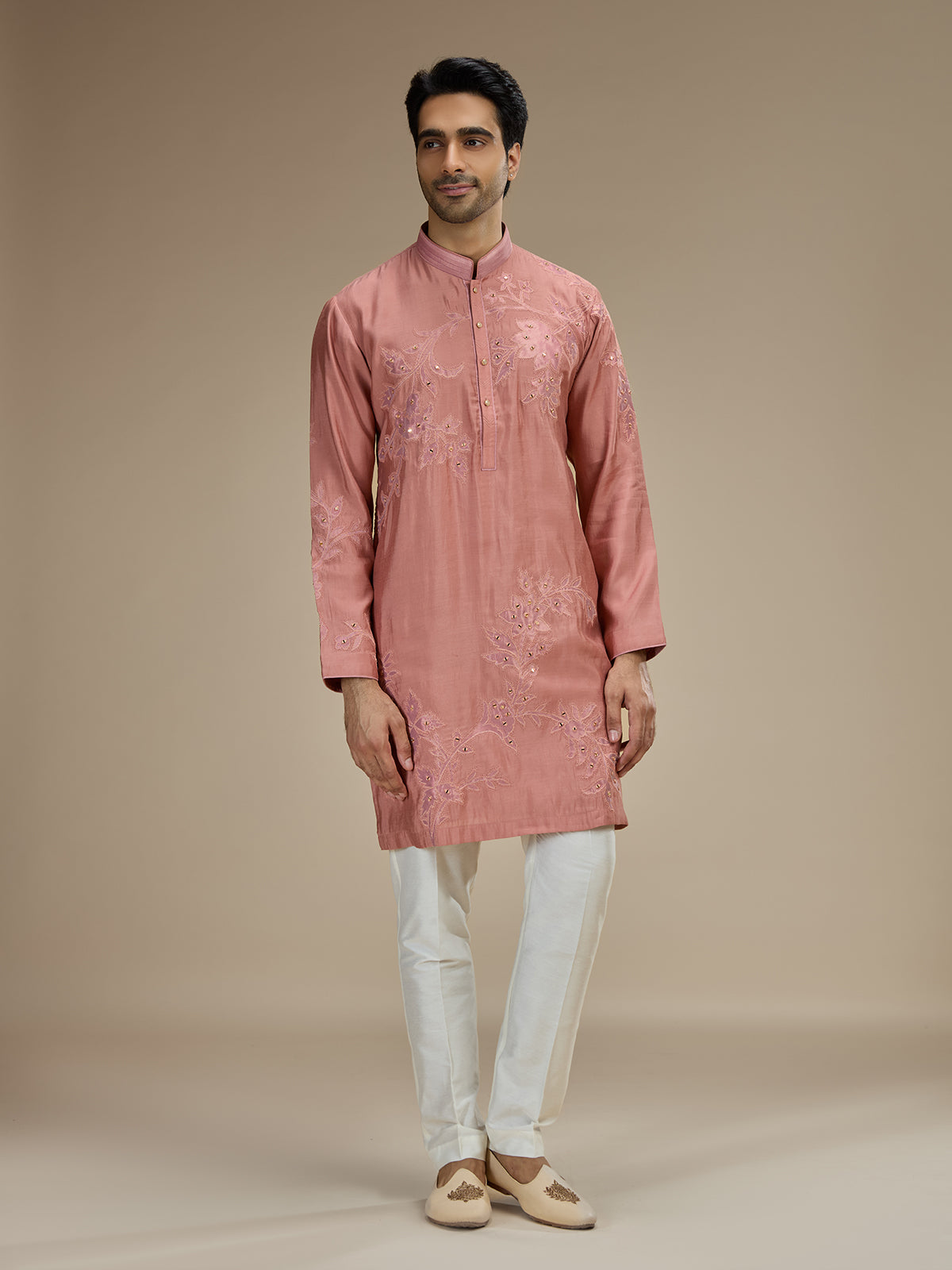 Pink men botanical zari modal silk kurta suit