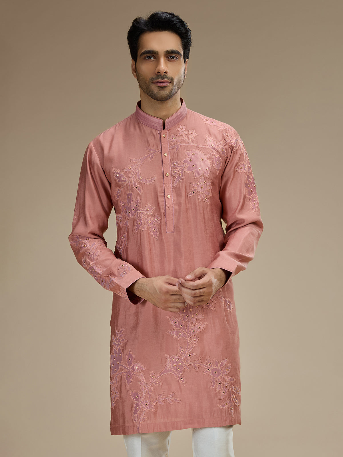 Pink men botanical zari modal silk kurta suit