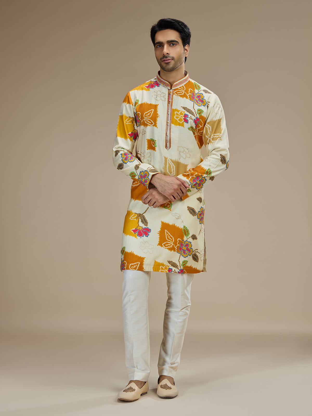 Cream men rani pink ikat kurta pajama