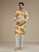 Cream men rani pink ikat kurta pajama