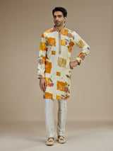 Cream men rani pink ikat kurta pajama