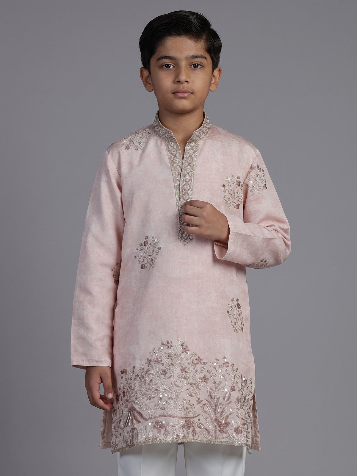 Pink silk blend kurta suit for boys with elegant embroidery