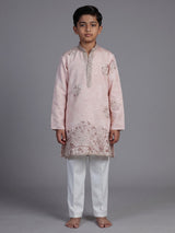 Pink silk blend kurta suit for boys with elegant embroidery