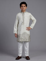 Off white silk blend kurta suit for boys with embroidery