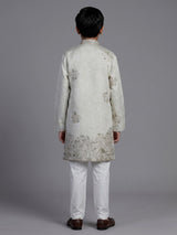 Off white silk blend kurta suit for boys with embroidery