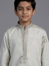 Off white silk blend kurta suit for boys with embroidery