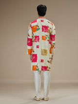 Cream men multicolor ikat embroidered kurta suit