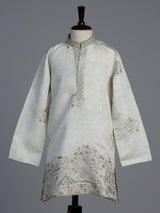 Off white silk blend kurta suit for boys with embroidery
