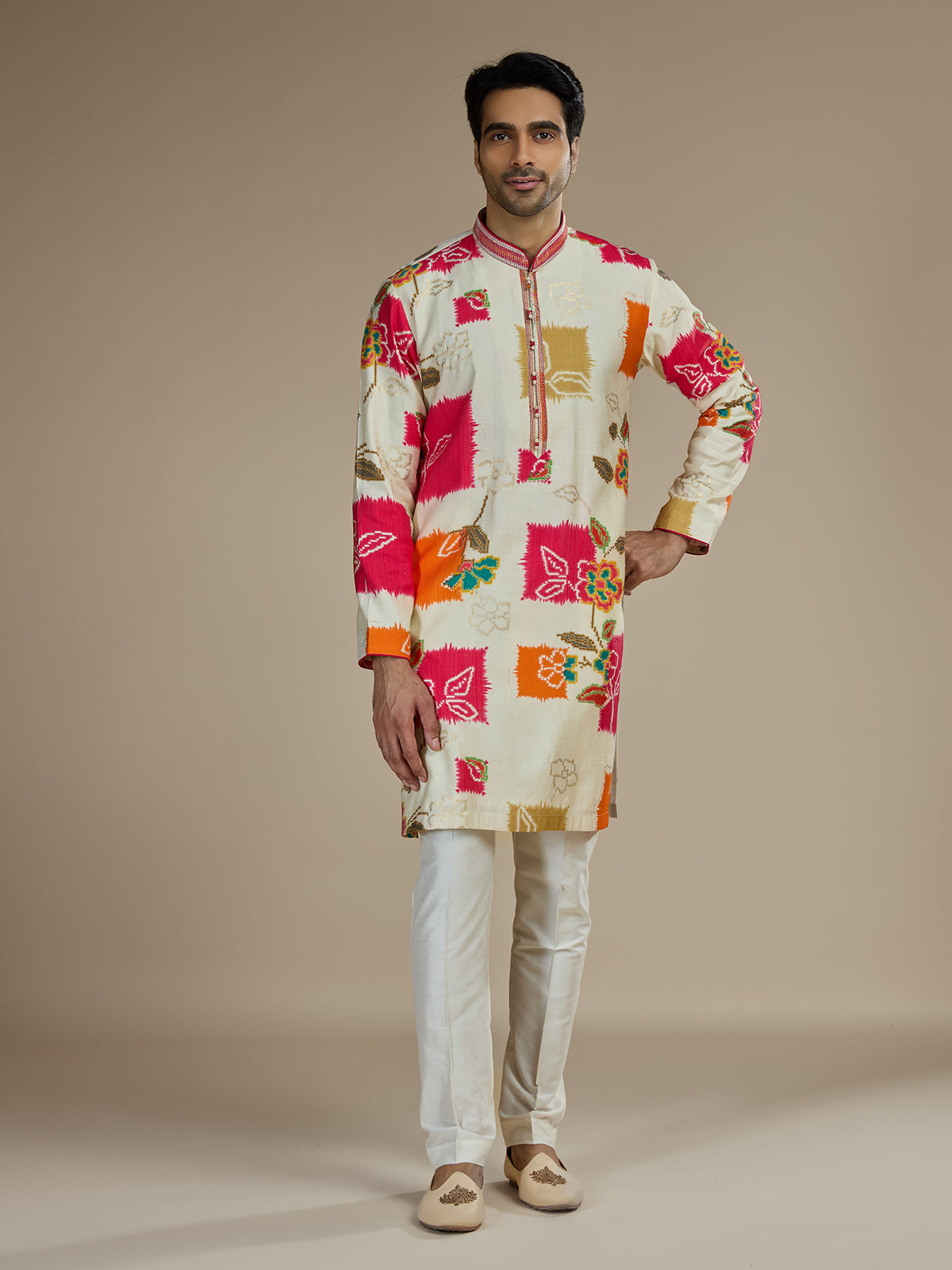 Cream men multicolor ikat embroidered kurta suit