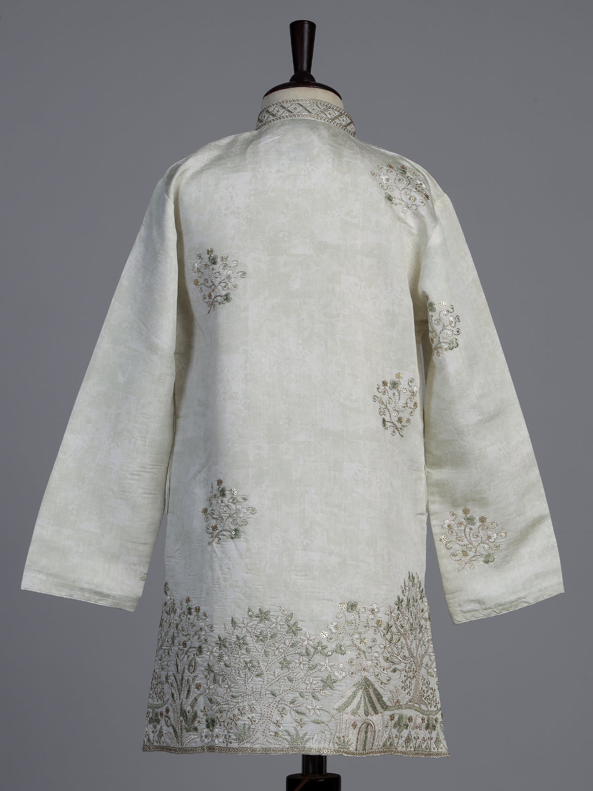 Off white silk blend kurta suit for boys with embroidery