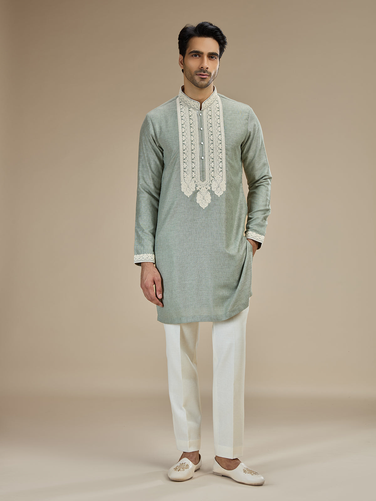 Sage green men lucknowi chikankari kurta pajama