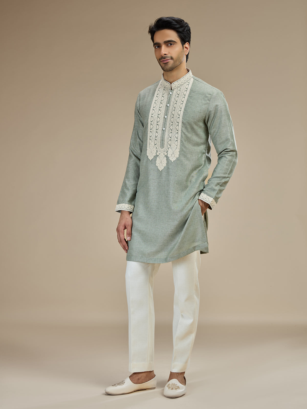 Sage green men lucknowi chikankari kurta pajama