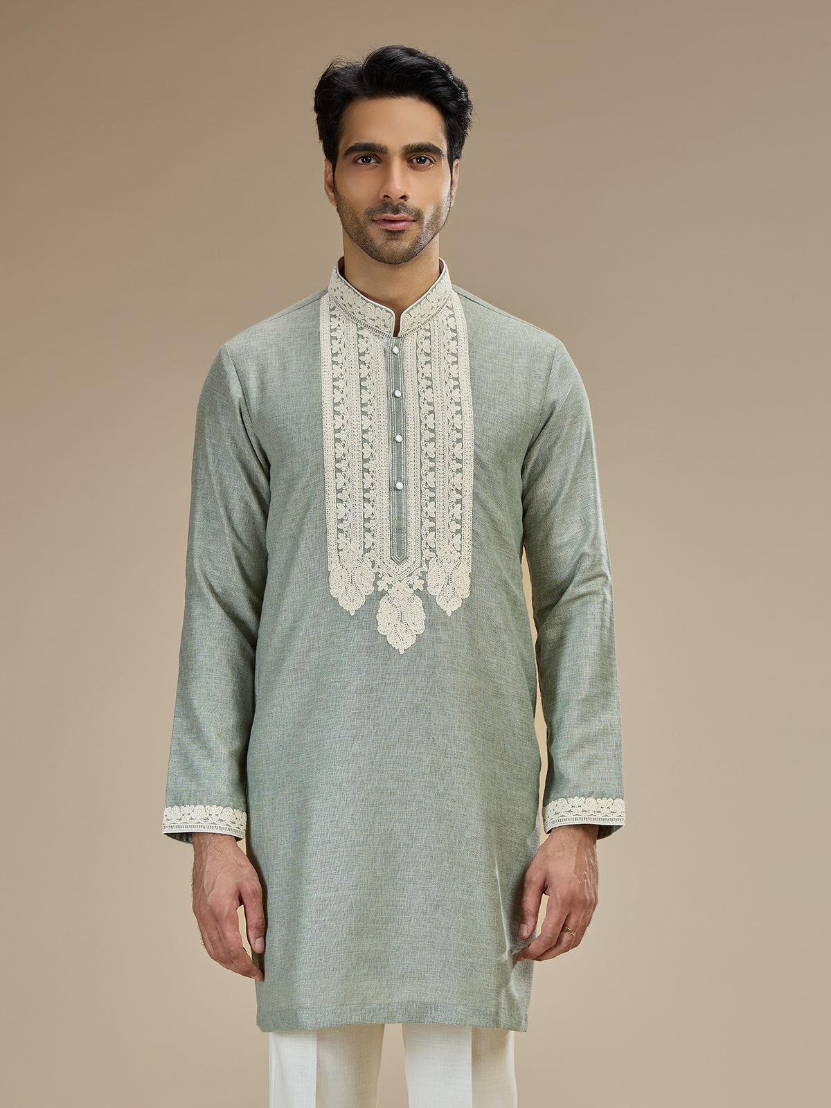 Sage green men lucknowi chikankari kurta pajama