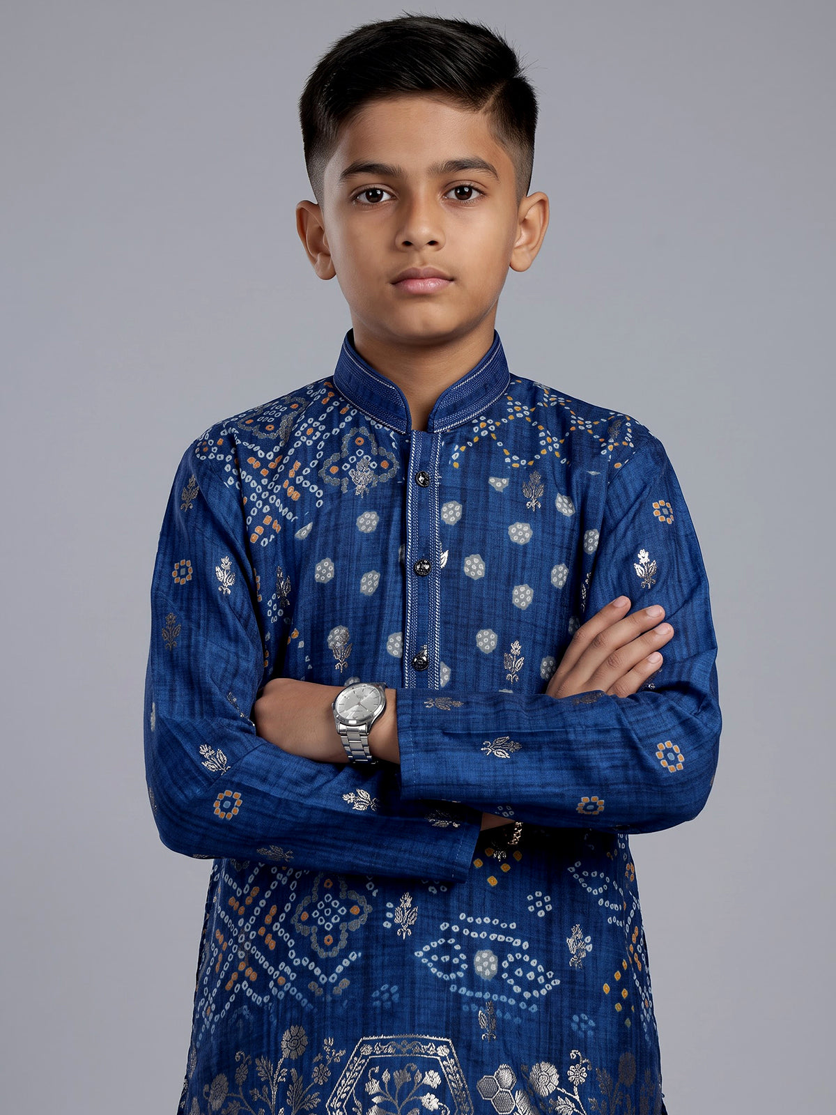 Blue silk blend Bandhani kurta suit for boys with zari elegance