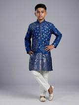 Blue silk blend Bandhani kurta suit for boys with zari elegance