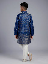 Blue silk blend Bandhani kurta suit for boys with zari elegance