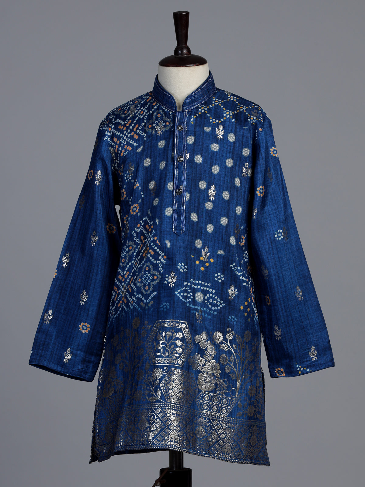 Blue silk blend Bandhani kurta suit for boys with zari elegance