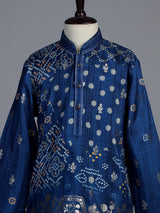 Blue silk blend Bandhani kurta suit for boys with zari elegance