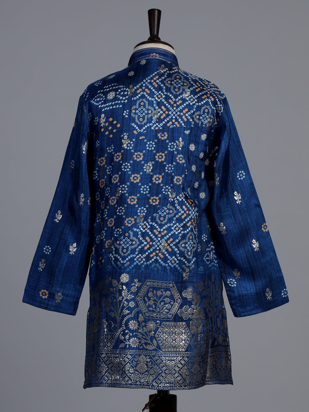 Blue silk blend Bandhani kurta suit for boys with zari elegance