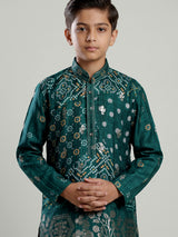 Green silk blend bandhani kurta suit for boys with zari work