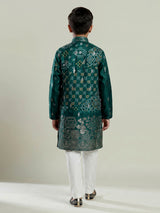 Green silk blend bandhani kurta suit for boys with zari work