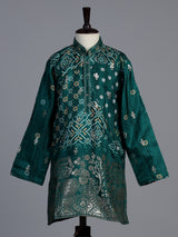Green silk blend bandhani kurta suit for boys with zari work