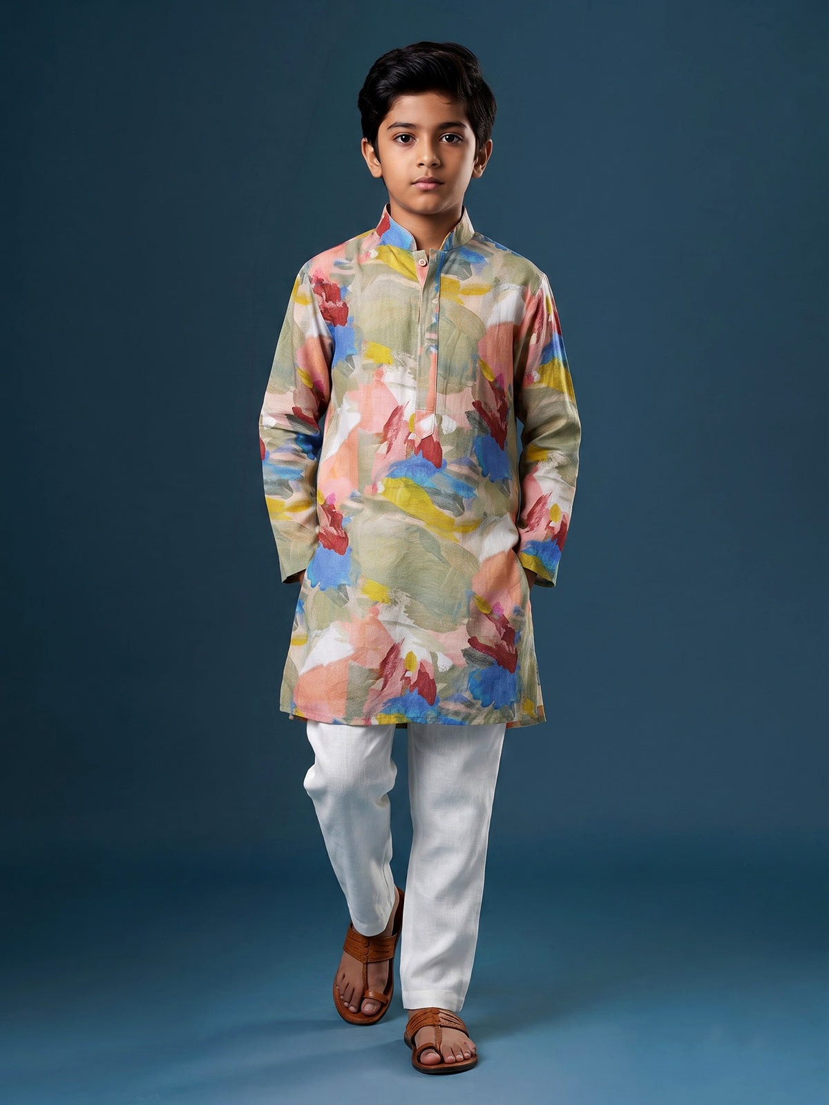 Multicolour cotton silk printed kurta suit for boys for festive charm