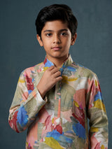 Multicolour cotton silk printed kurta suit for boys for festive charm