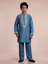 Blue silk embroidered kurta suit for boys with refined festive appeal