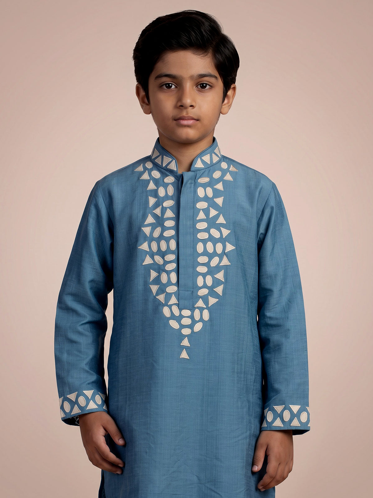 Blue silk embroidered kurta suit for boys with refined festive appeal
